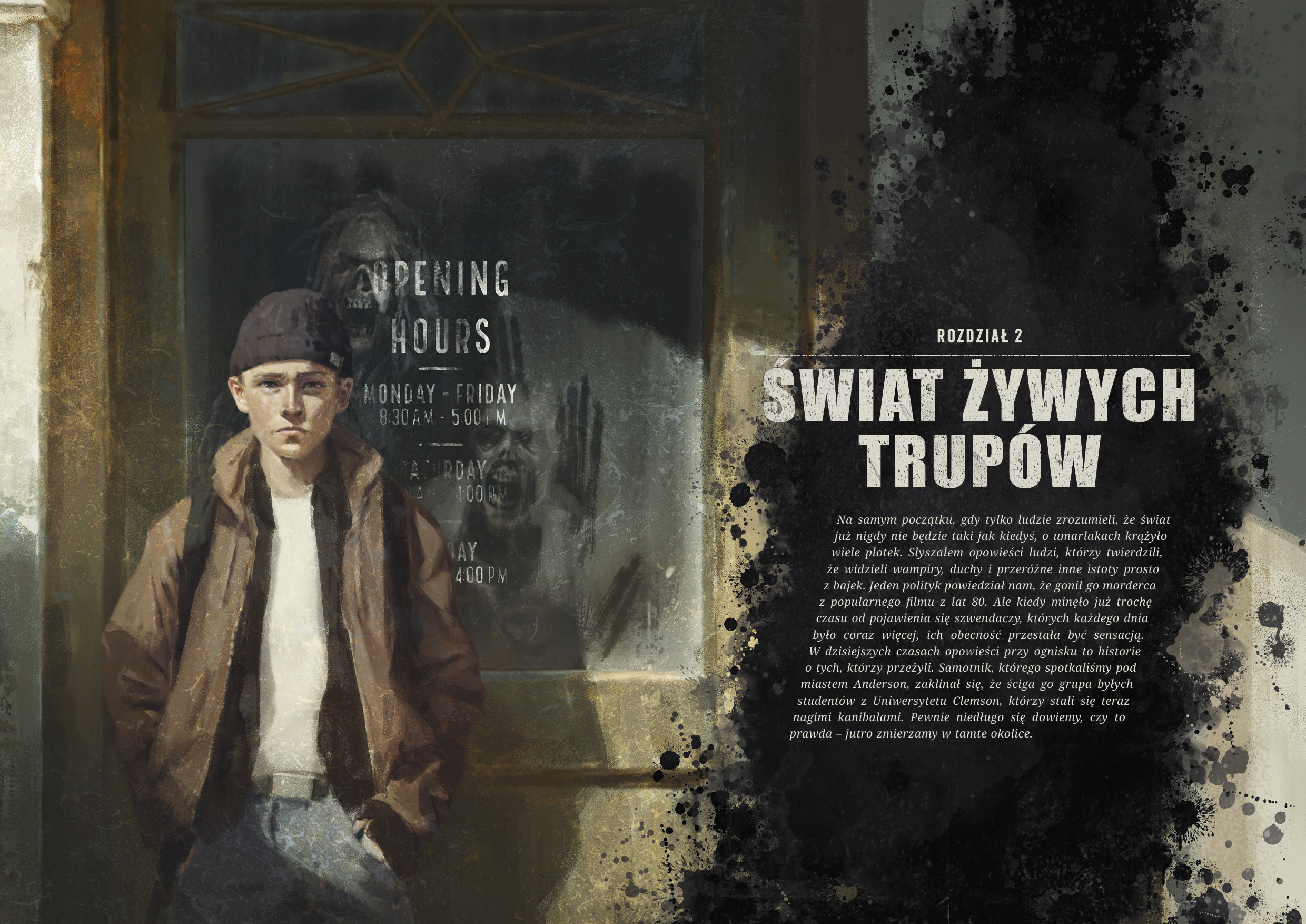 Ilustracja z nastolatkiem za którym są drzwi i zombie